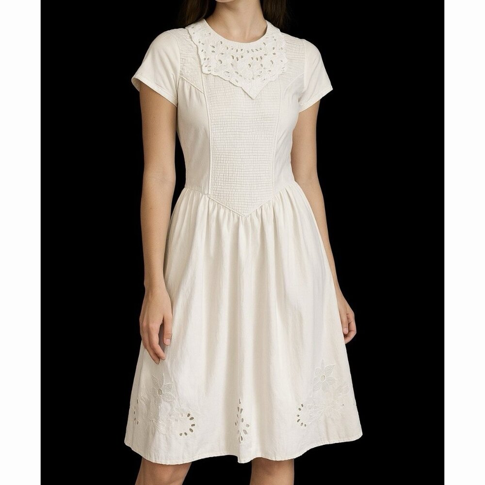 Vtg Women’s 10 Embroidered Prairie Cottagecore Edwardian Dress White Fit & Flare